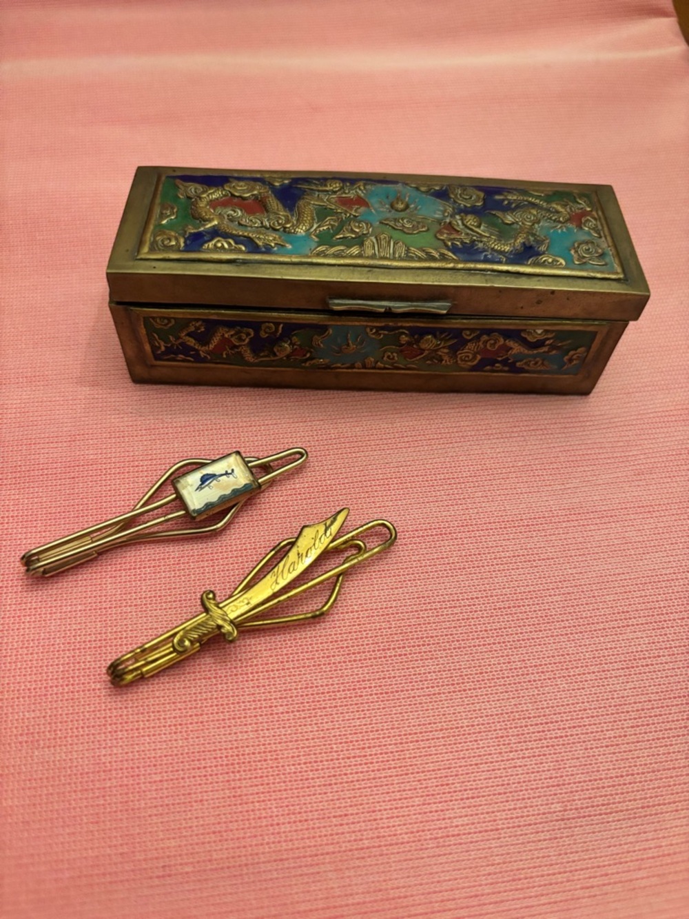 Lot Of 2 Vintage Sword and Marlin Intaglio Tie Clip Bars + Brass Box Destash